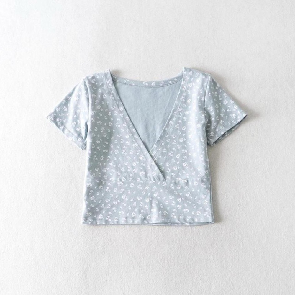 Brandy Melville Amara Top Blue Floral Wrap Crop Tee
